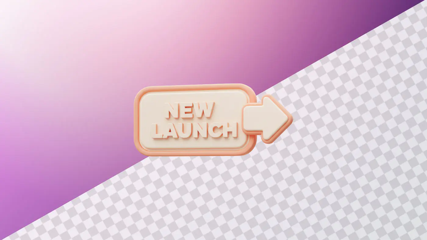New launch text with arrow on gradient background