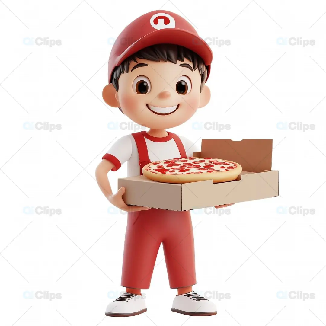 Smiling Pizza Delivery Boy 3D Avatar with Pizza Box