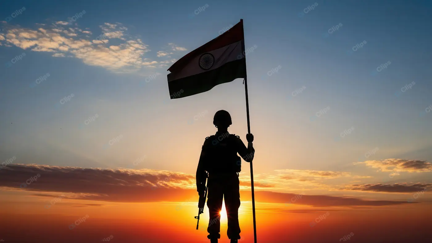 Vigilant Soldier with Indian Flag at Sunset