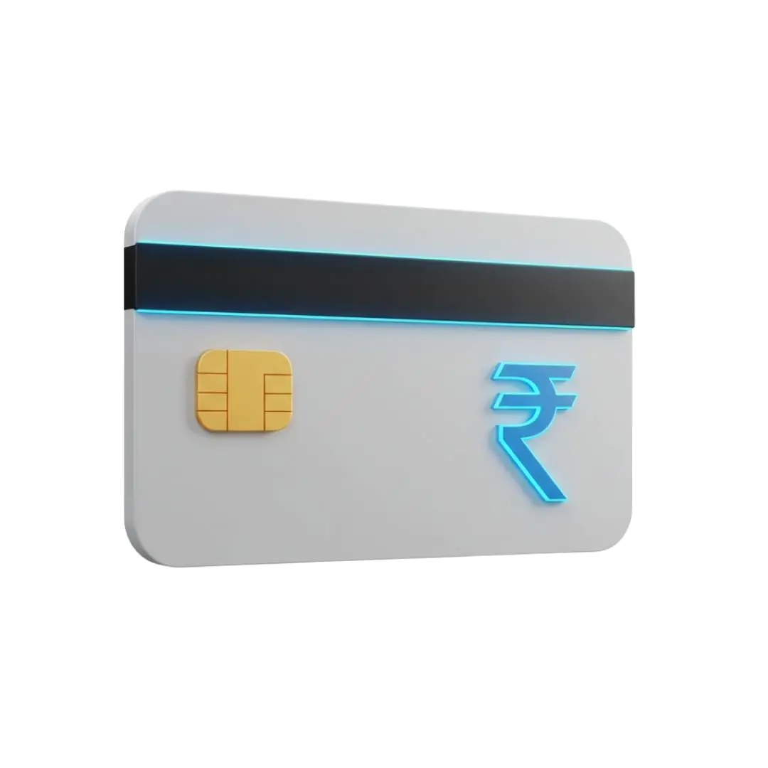 Modern credit card with glowing rupee symbol