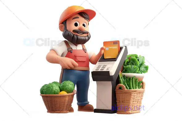 3D Farmer Making Card Payment with Vegetables