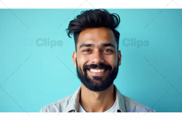 Smiling Young Man with Beard Against a Vibrant Blue Background