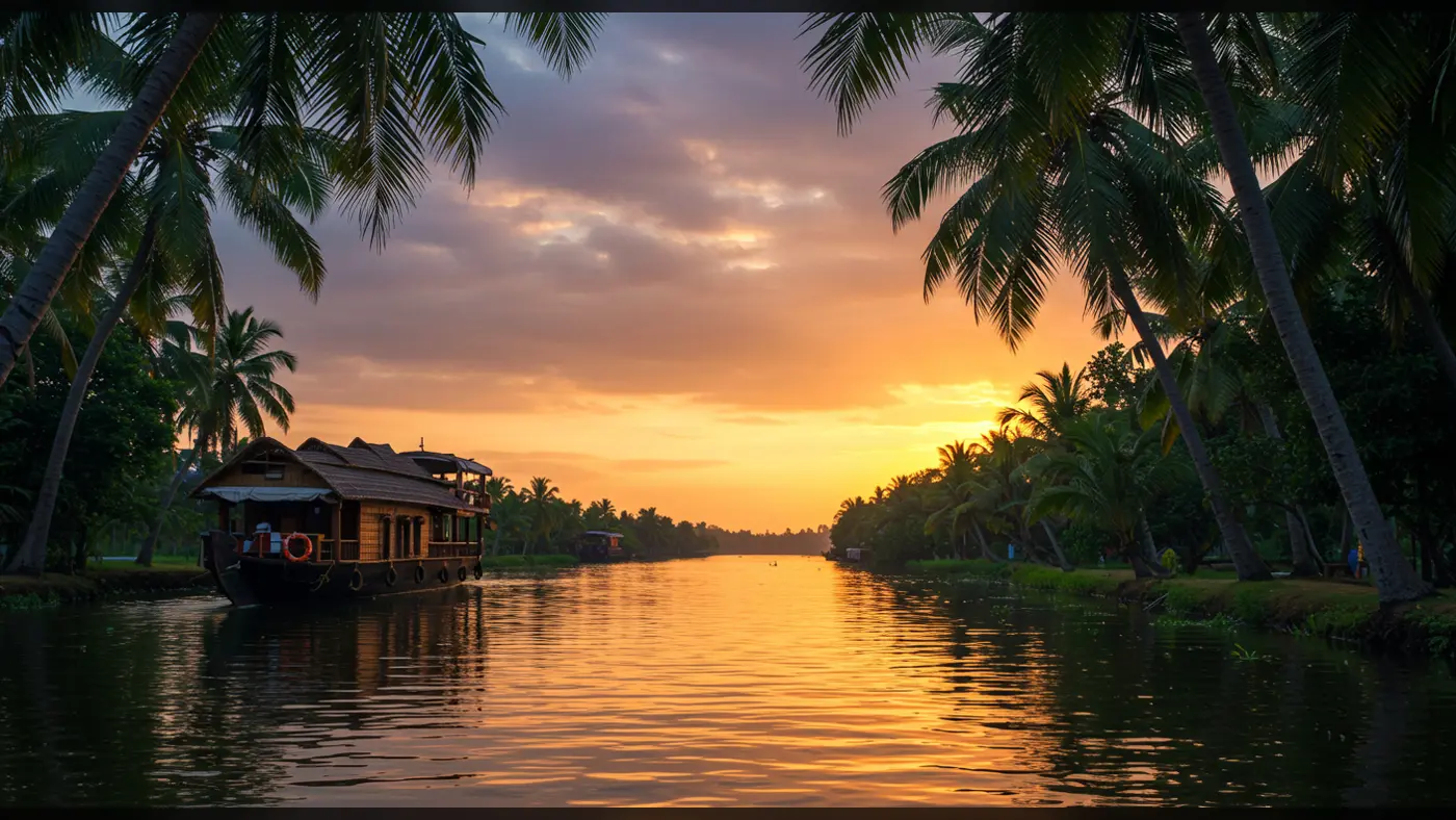 Kerala Houseboat at Sunset Framed by Palm Trees and Backwaters