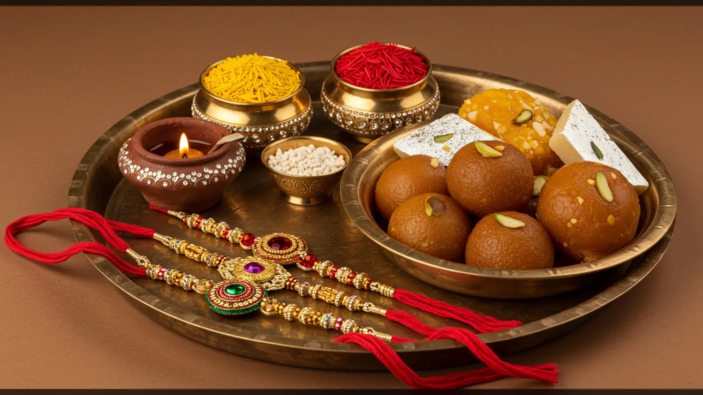 Elegant Raksha Bandhan Thali with Sweets, Diya & Rakhis | AIClips Traditional Festival Scene