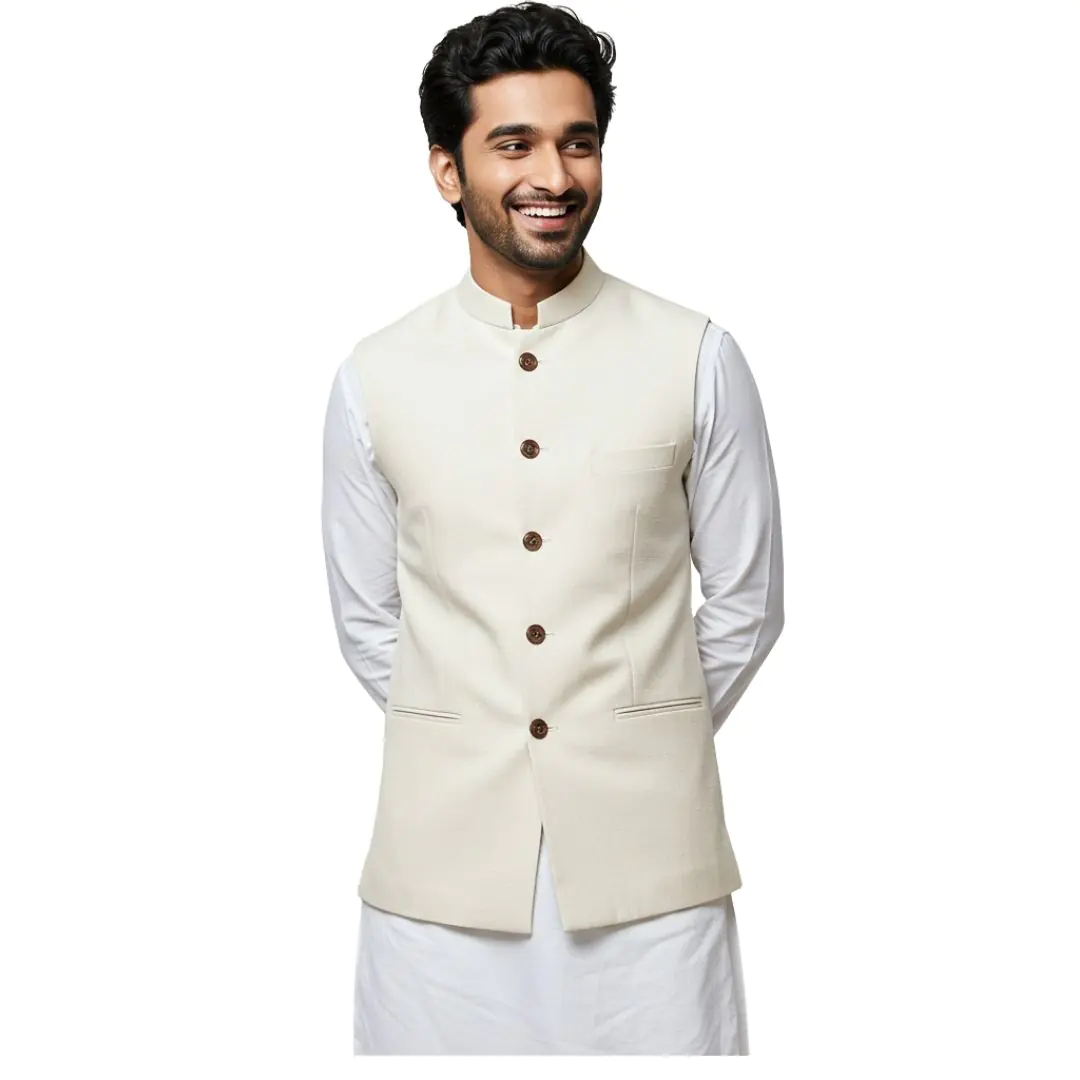 Smiling Man in Cream Nehru Jacket PNG Clipart