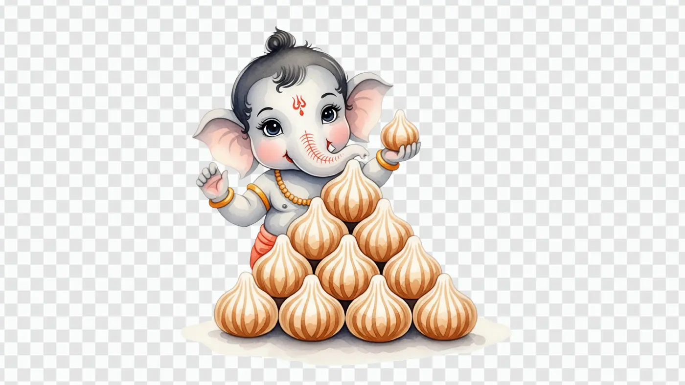 Playful Baby Ganesha with Modak Sweets PNG