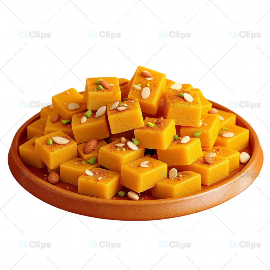 3D Indian Mango Burfi with Nut Garnish