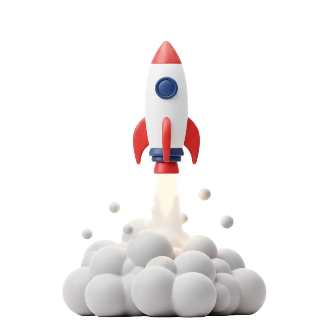 Cartoon rocket launching with smoke on blue background