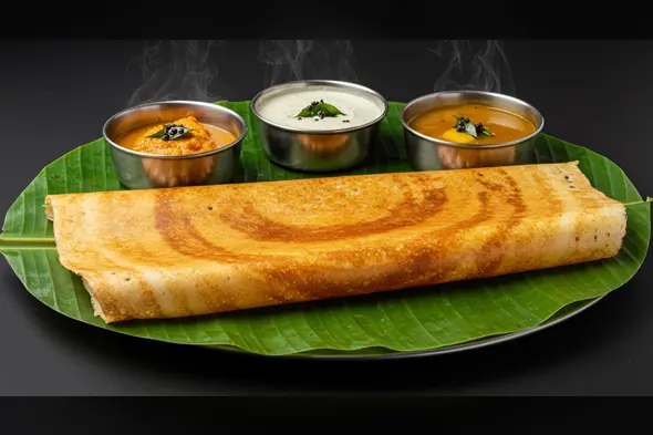 Masala Dosa with Chutney and Sambar on Banana Leaf Plate | AIClips