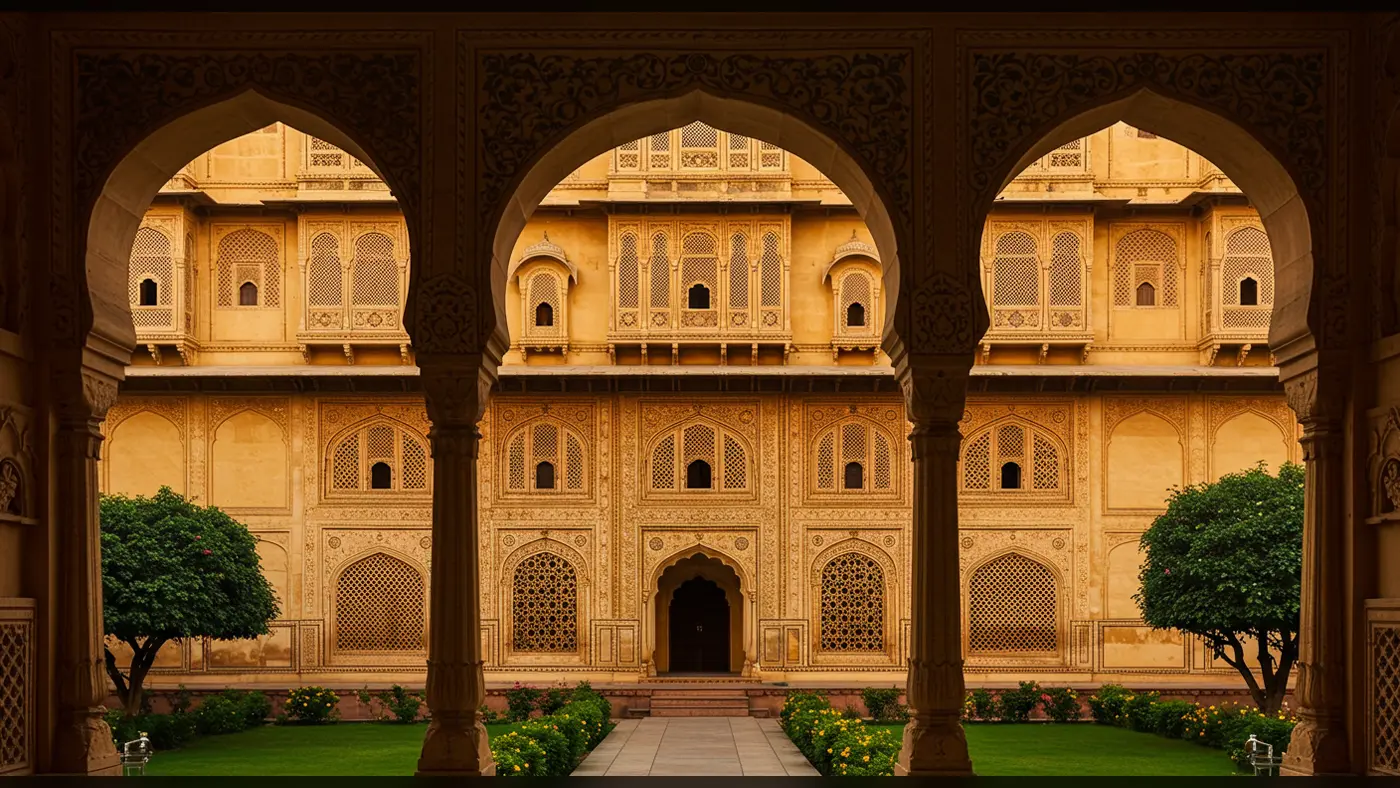Royal Arched Courtyard with Jali Windows and Garden Symmetry | Indian Palace Aesthetic