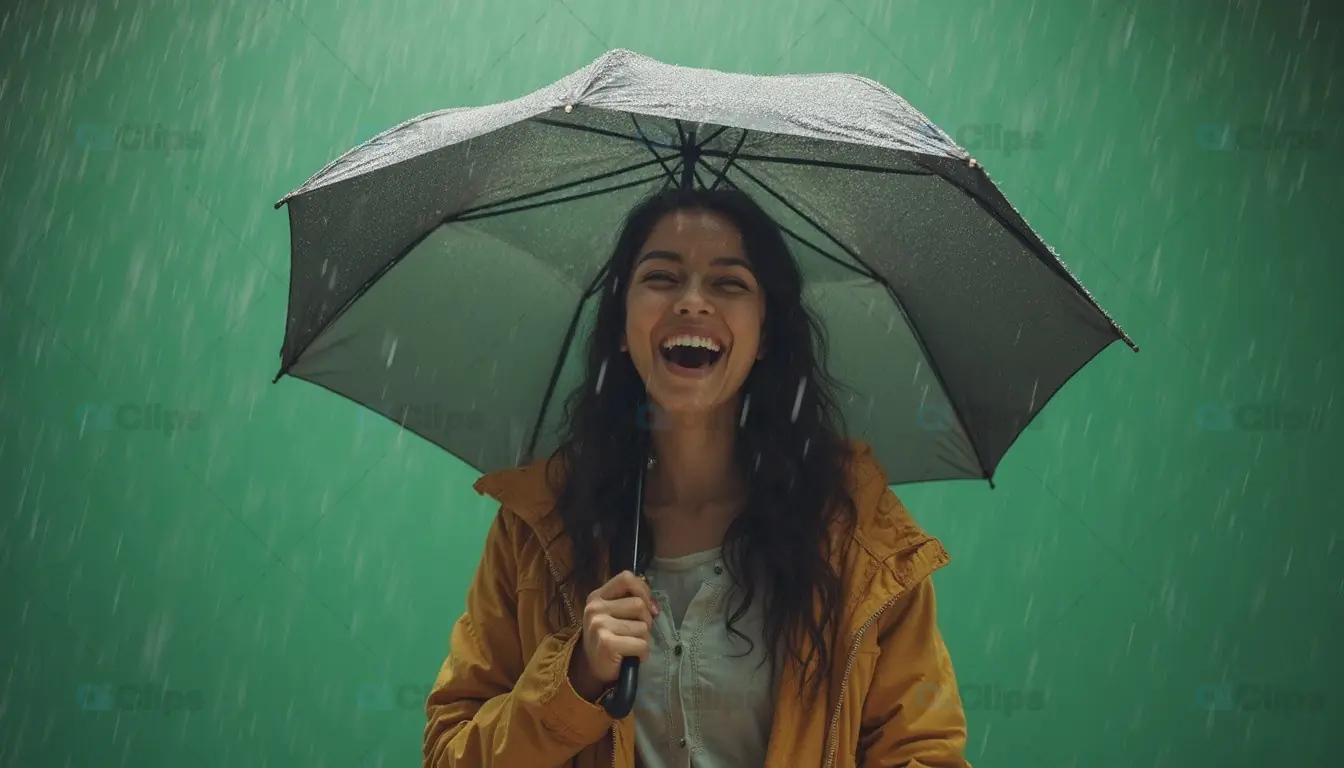 Woman Laughing Under Umbrella in Rainfall
