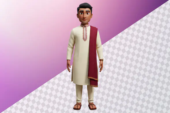 Enhanced 3D avatar young man traditional cream kurta maroon