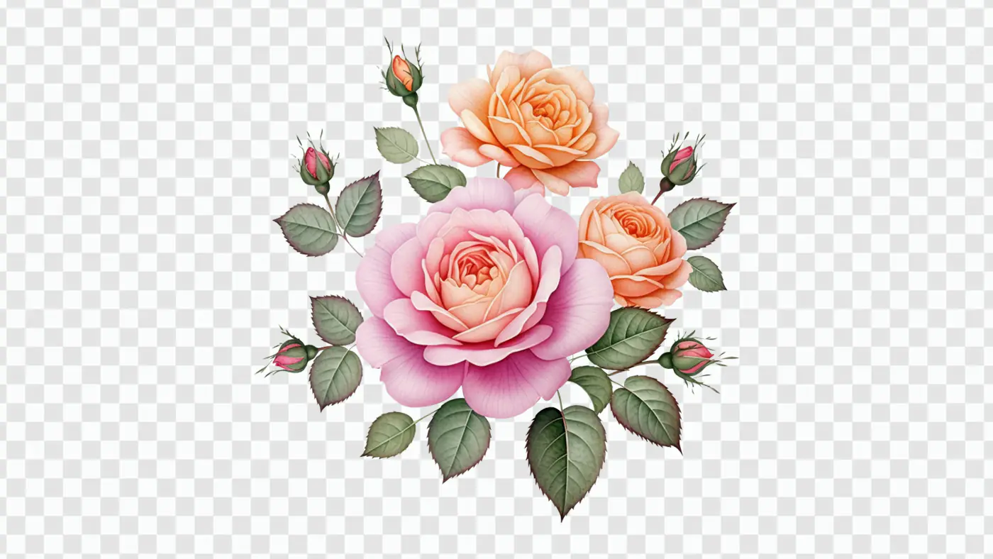 Romantic Peach and Pink Roses Bouquet PNG