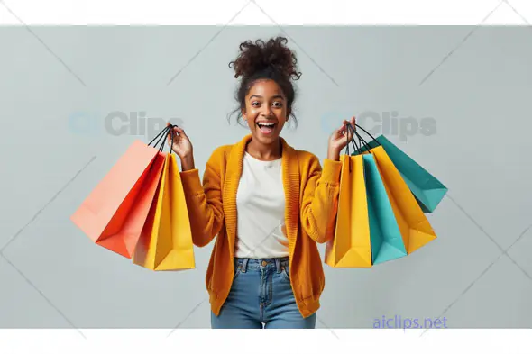 Excited Woman Holding Multiple Colorful Shopping Bags