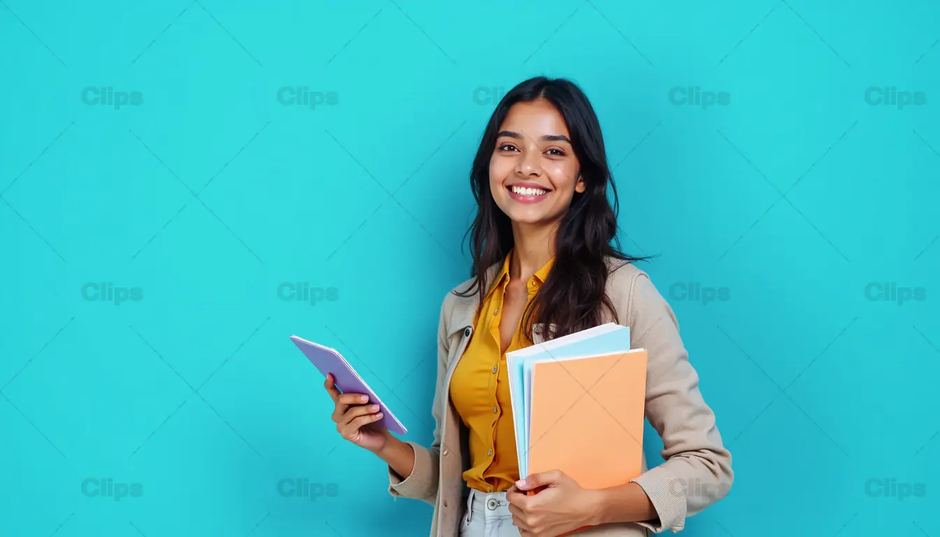 Smiling Student with Notebooks and Tablet
