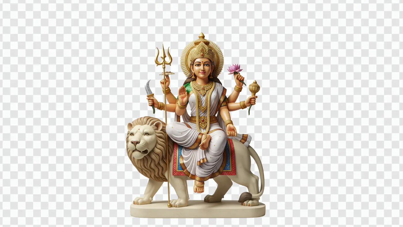 Hindu Goddess Durga Riding Lion Statue PNG