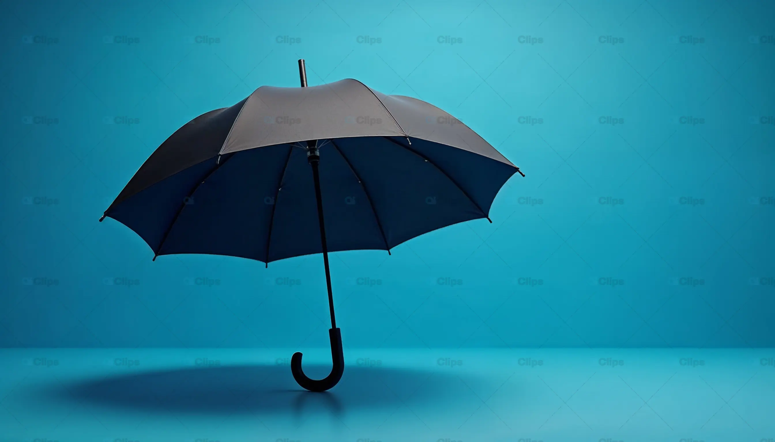 Open Black Umbrella on Blue Background