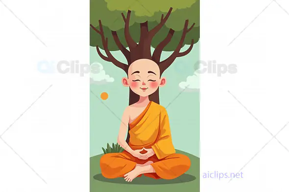 Cartoon Monk Meditating Under Tree Illustration