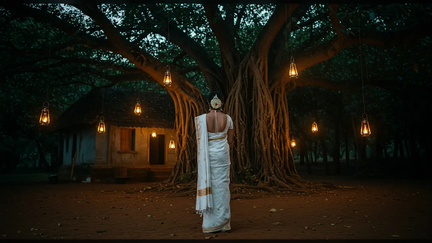 Traditional Indian Woman at Banyan Tree with Lanterns – Spiritual Village Backdrop