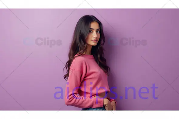 Stylish Woman in Pink Sweater Against Purple Wall
