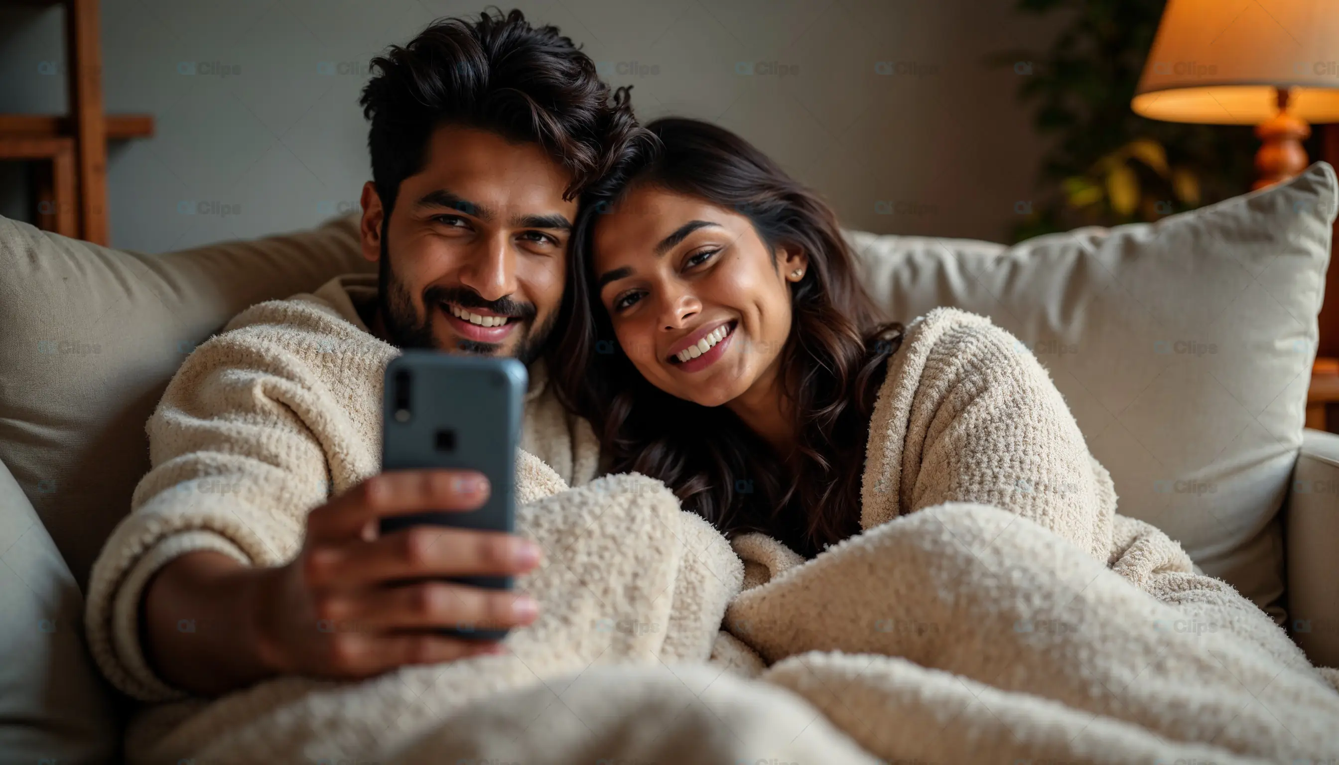 Happy Couple Relaxing with Smartphone