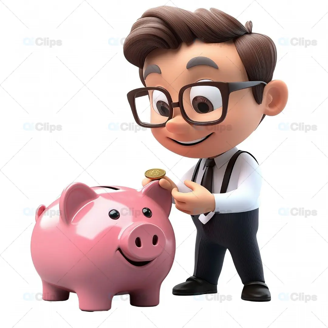 Young Businessman 3D Avatar with Piggy Bank
