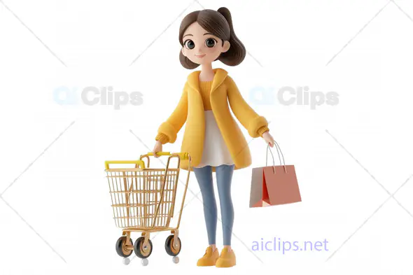 3D Woman Avatar Shopping with Cart and Bag
