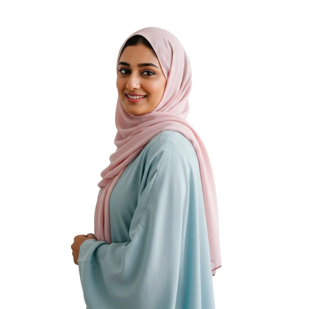 Smiling Woman in Blue Abaya Pink Hijab PNG