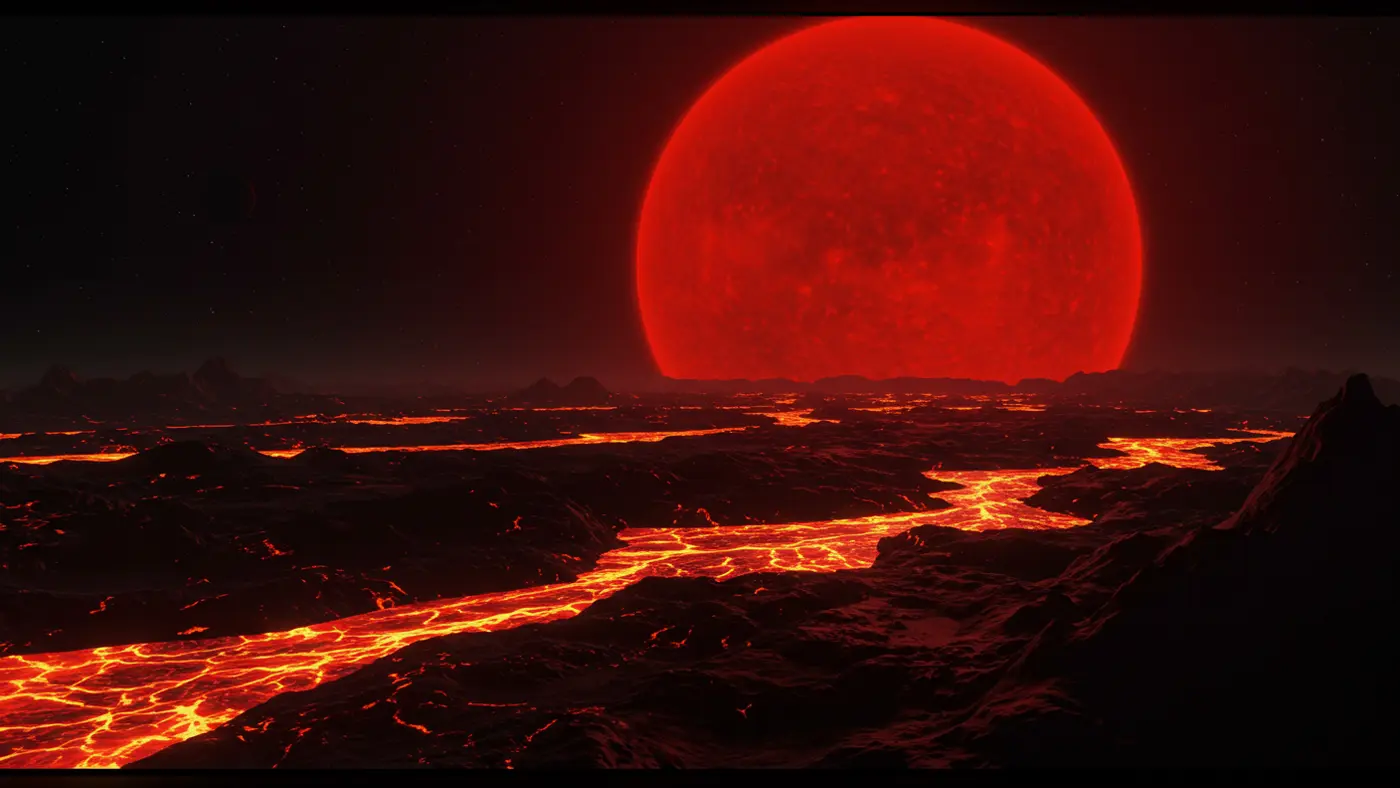 Molten Exoplanet Surface with Giant Red Sun – Cinematic Sci-Fi Landscape