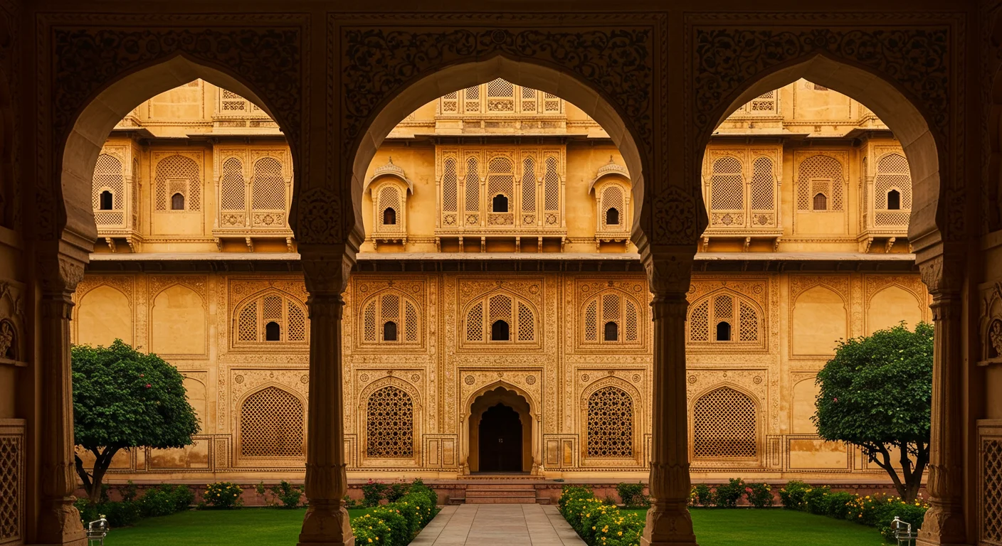 Royal Arched Courtyard with Jali Windows and Garden Symmetry | Indian Palace Aesthetic