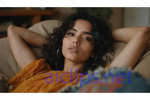 Relaxed Woman with Natural Curly Hair on Sofa