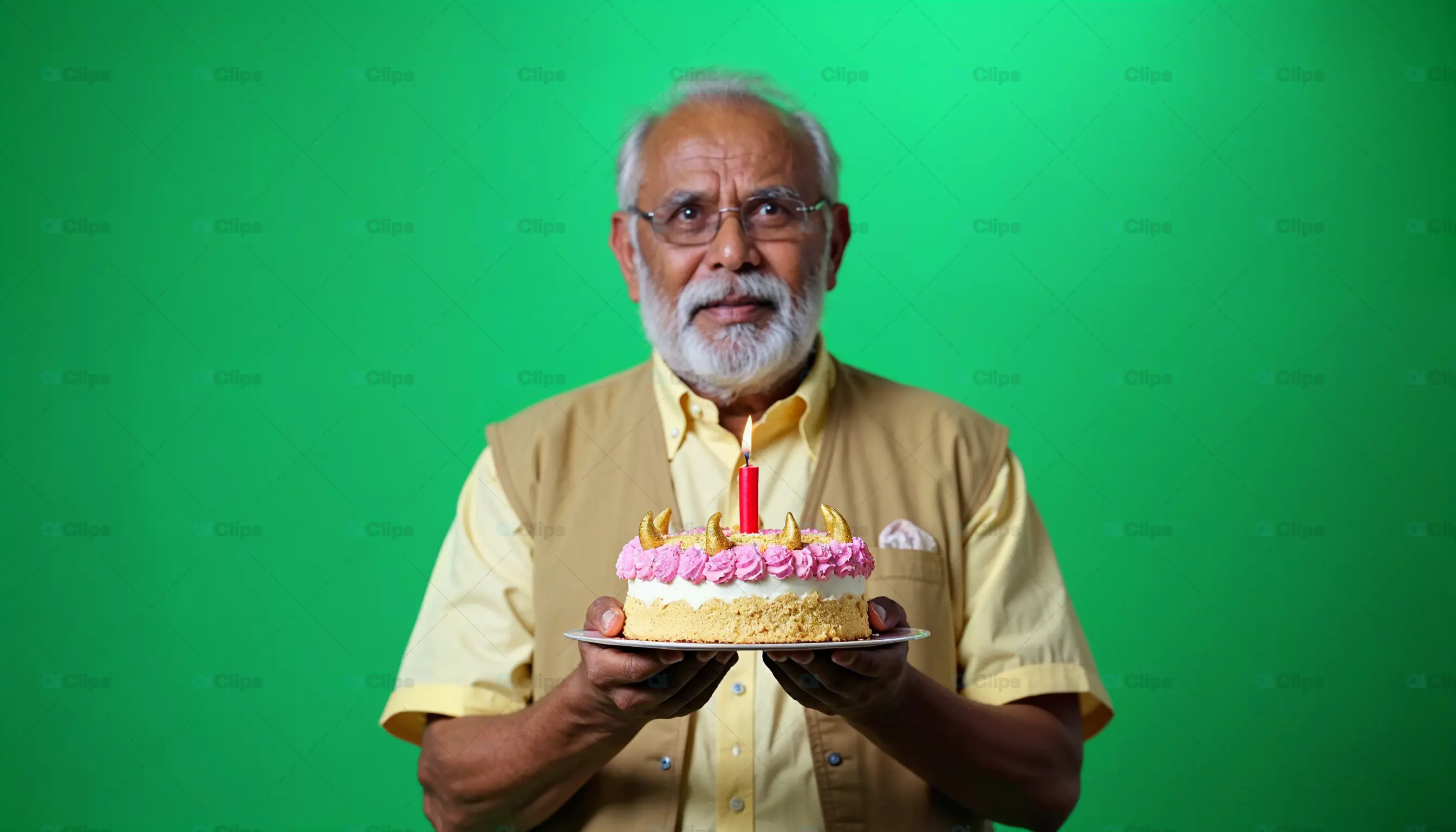 Elderly Man Holding Birthday Cake with Candle