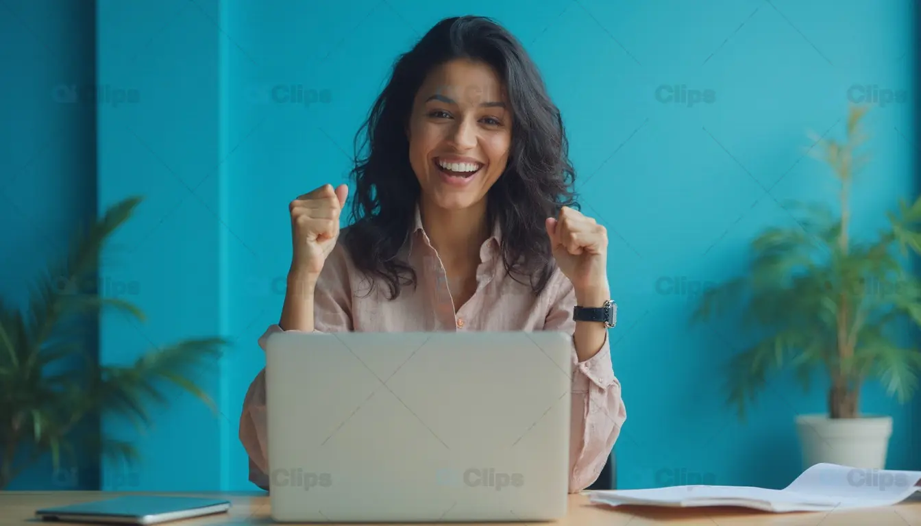 Excited Woman Celebrating Success at Laptop