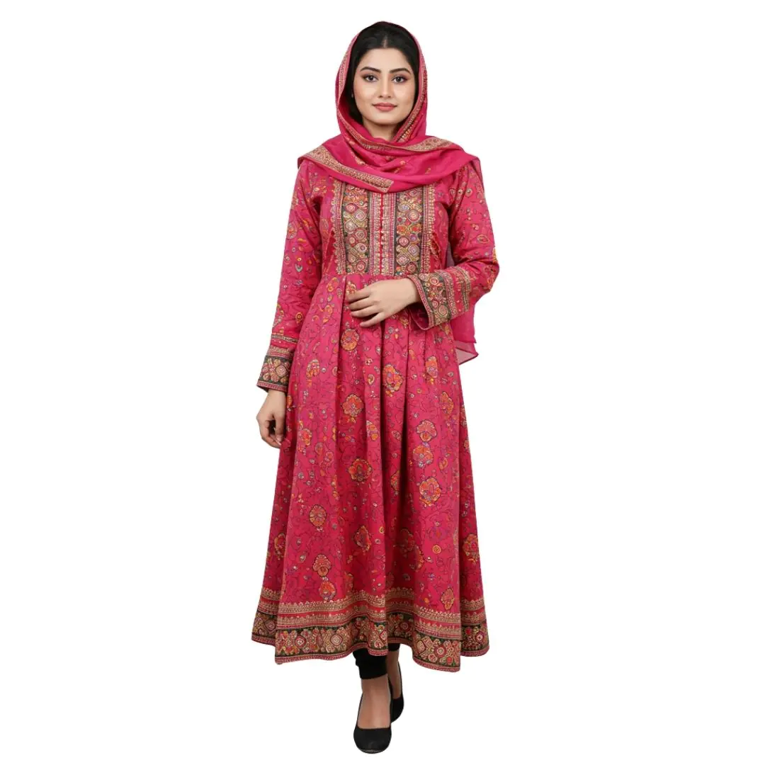 Elegant Woman in Traditional Red Anarkali Dress PNG