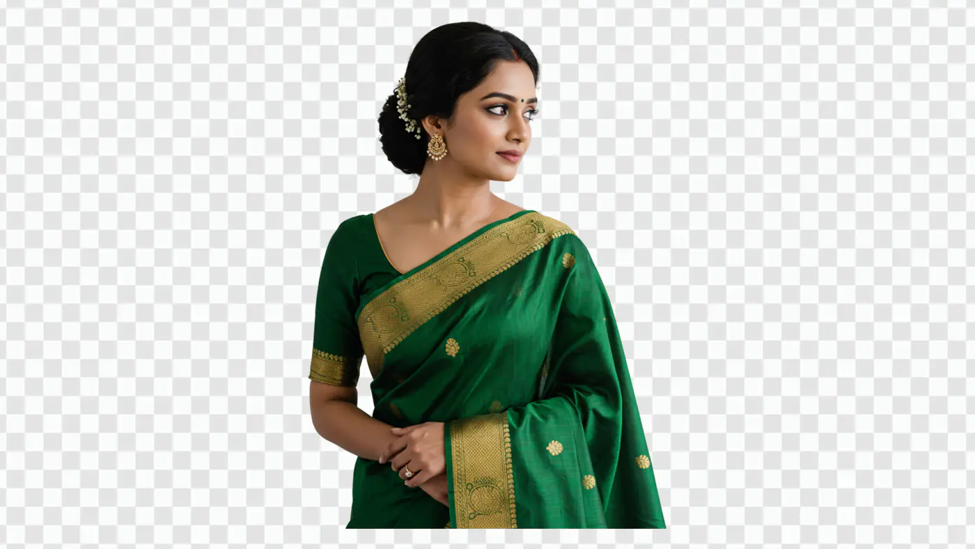 Elegant Woman in Emerald Green Silk Saree PNG