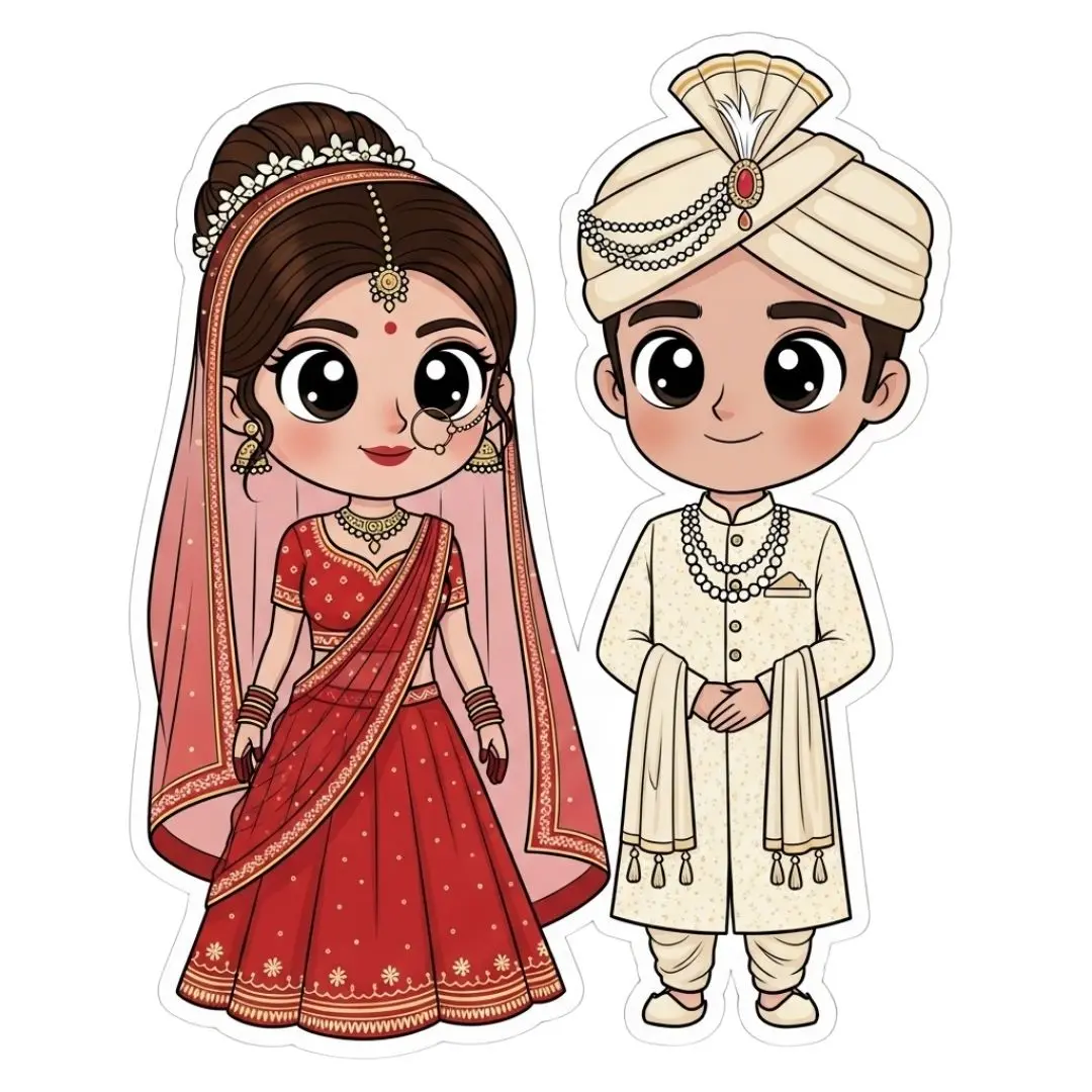Charming Indian Bride and Groom Cartoon Clipart PNG
