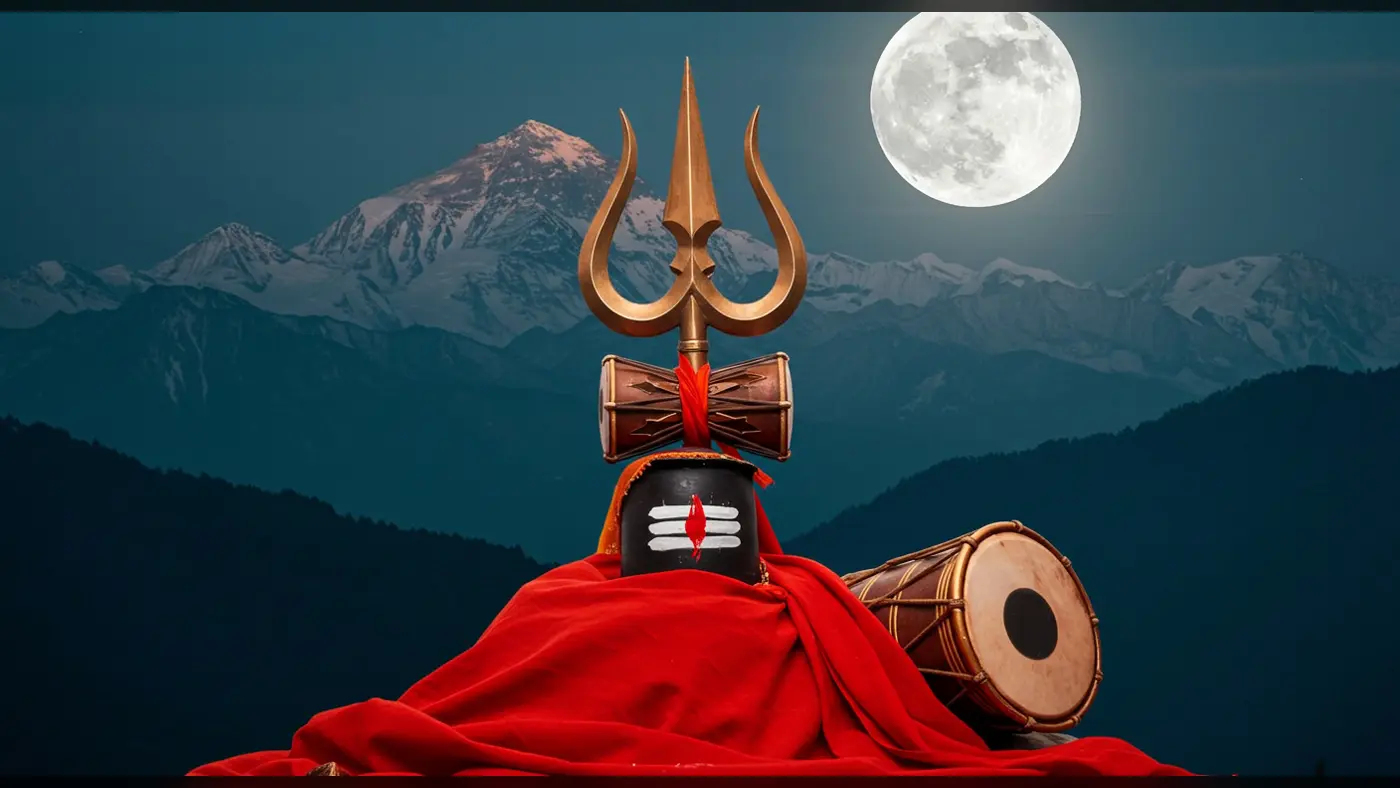 Shiva Trishul with Damru, Lingam & Drum under Full Moon | AIClips Devotional Himalaya Scene