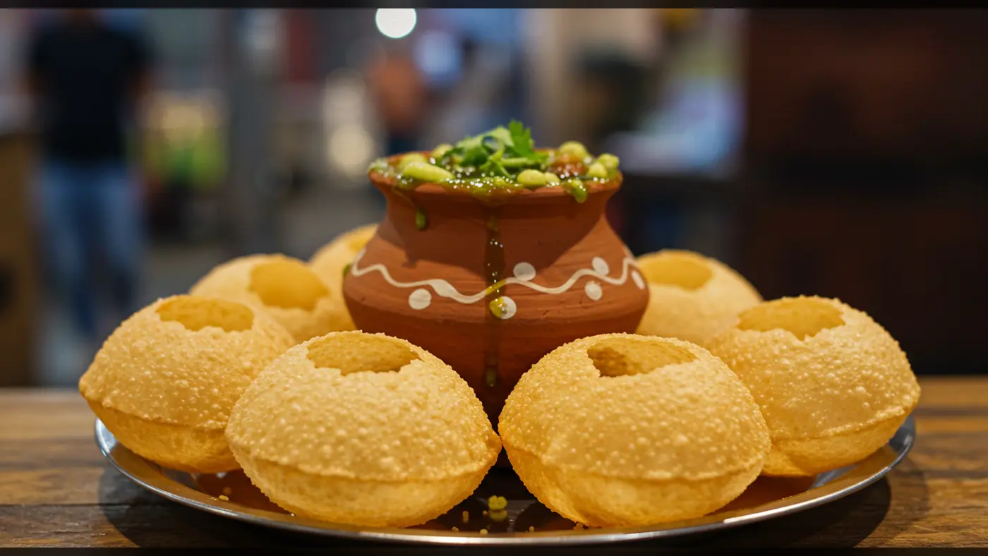 Garnished Indian Pani Puri Thali with Green Masala Water in Clay Pot | AIClips