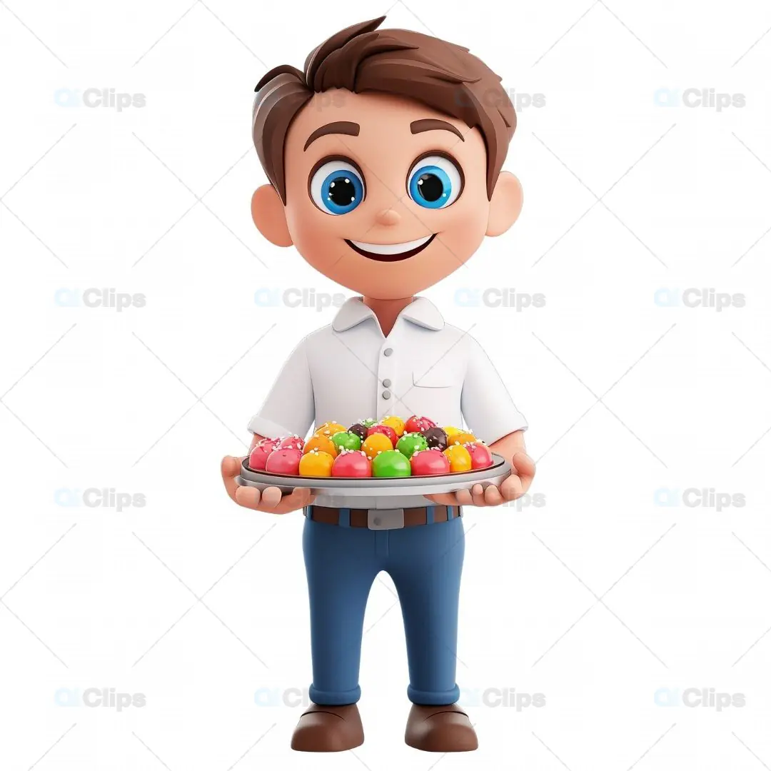 3D Boy Avatar Holding a Dessert Platter