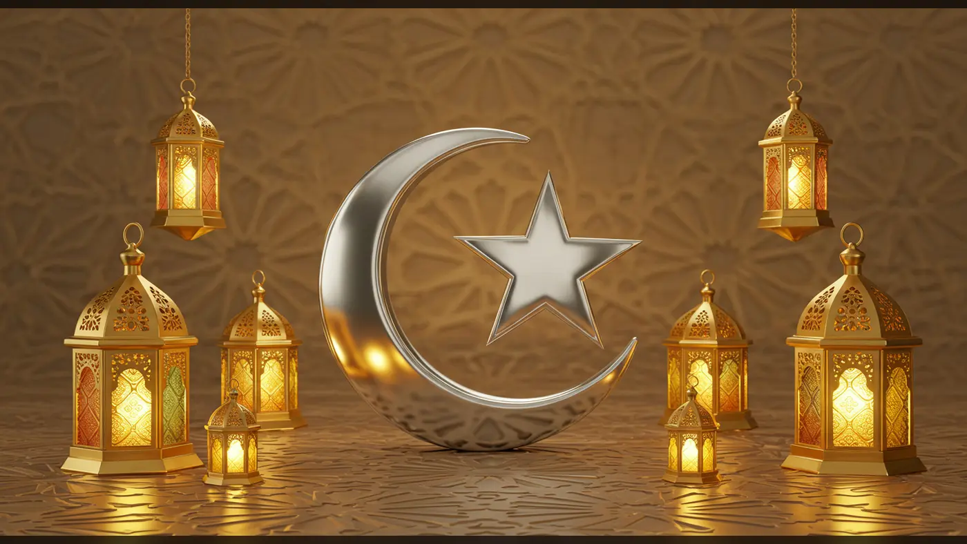 Silver Crescent and Star with Glowing Golden Lanterns | AIClips Islamic Festival Decoration