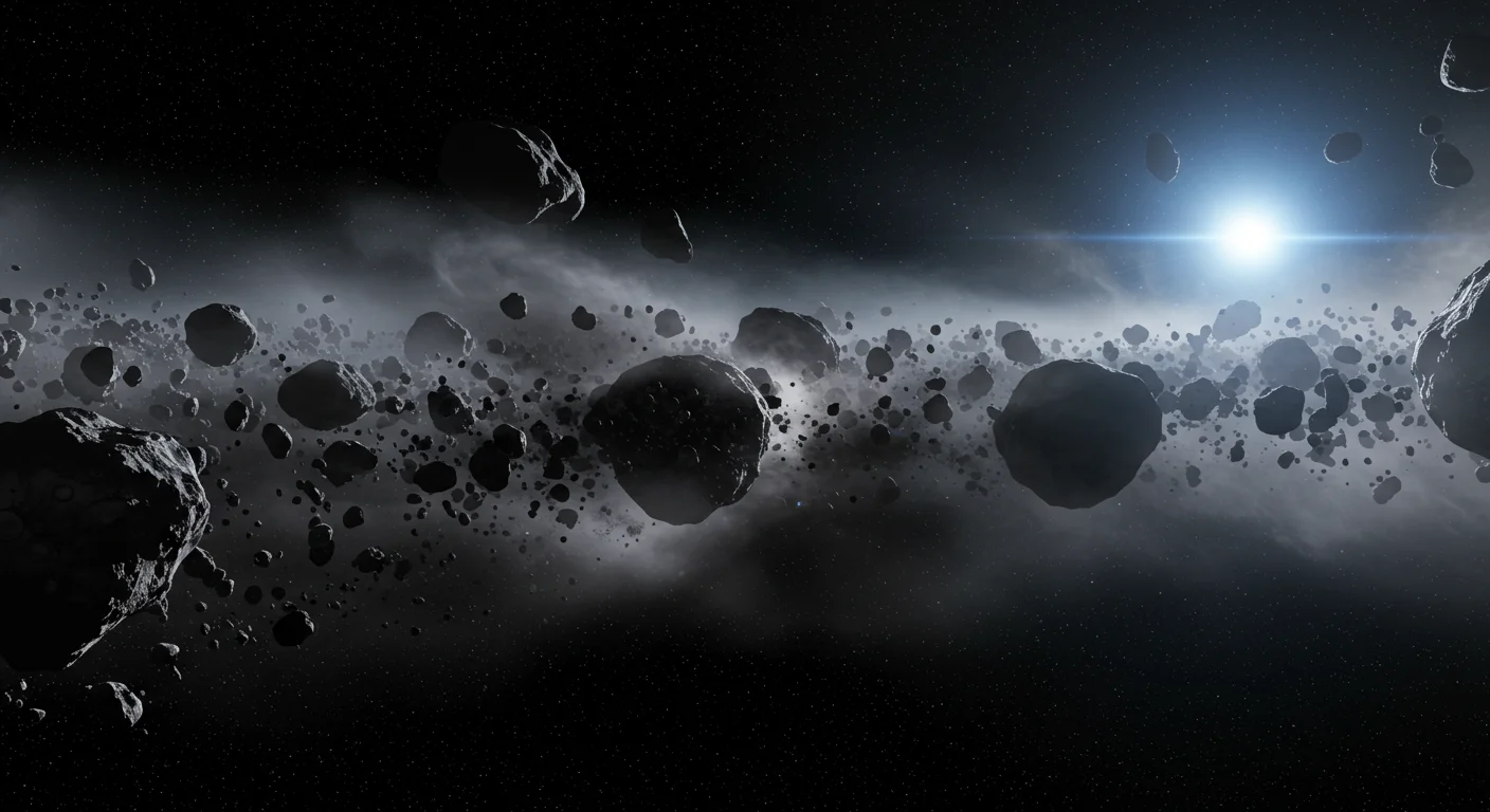 Dark Asteroid Belt with Distant Starburst – Deep Space Sci-Fi Background