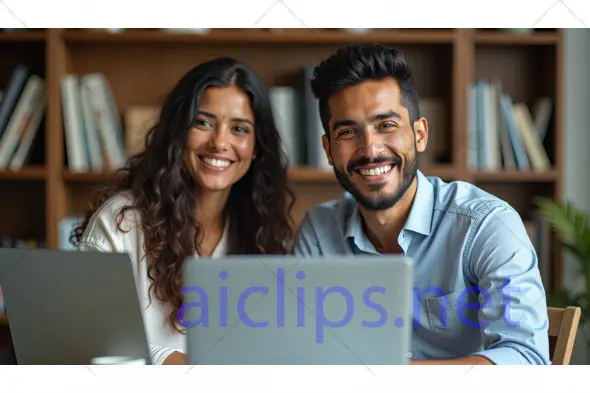Smiling Professional Couple Working on Laptops