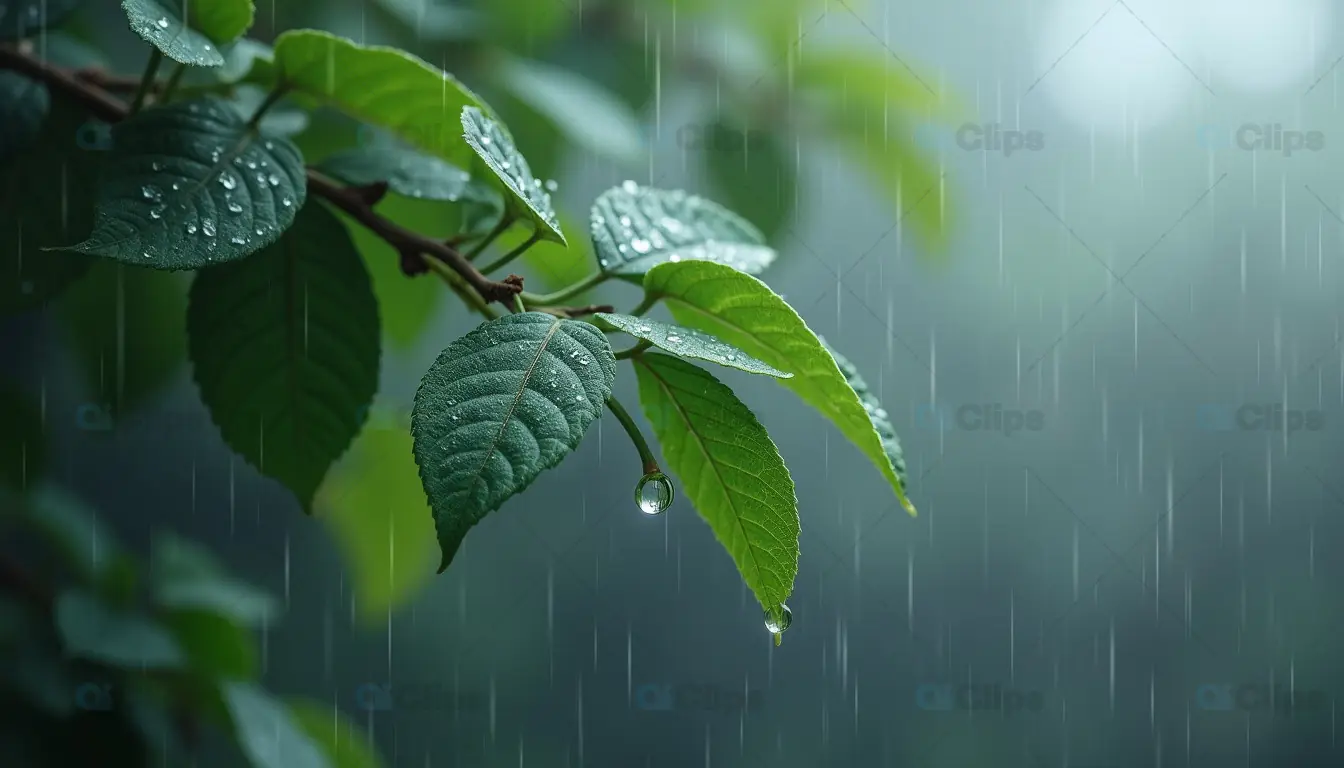 Rain-Drenched Green Leaves with Droplets