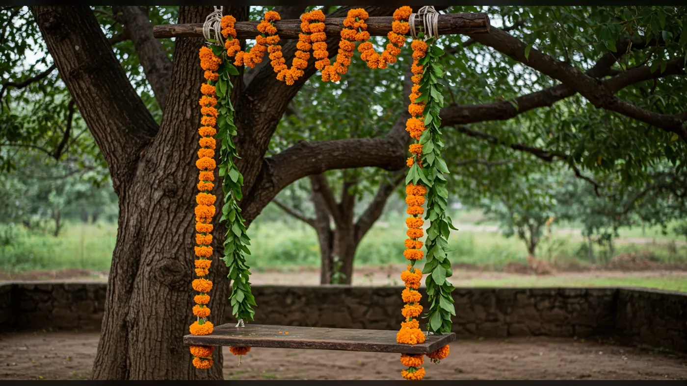 Rustic Floral Swing with Marigold Garland Under Tree | AIClips Traditional Festive Setup