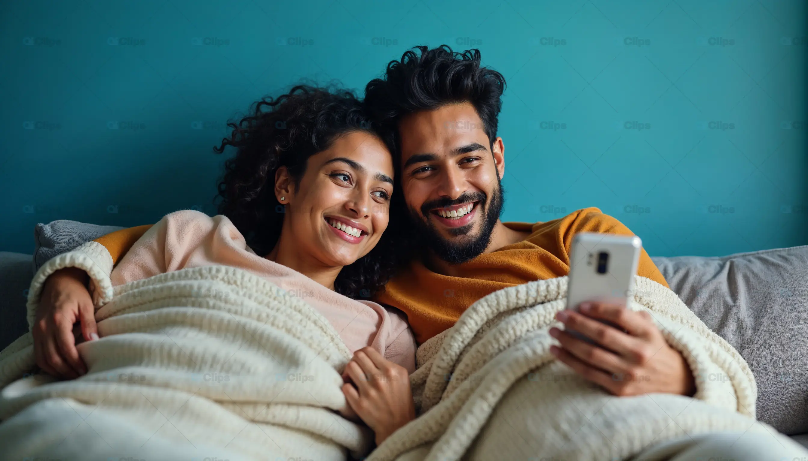 Couple Smiling on Sofa with Smartphone