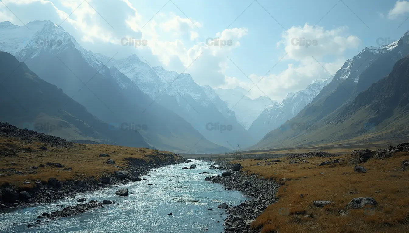 Mountain Valley River with Snowy Peaks