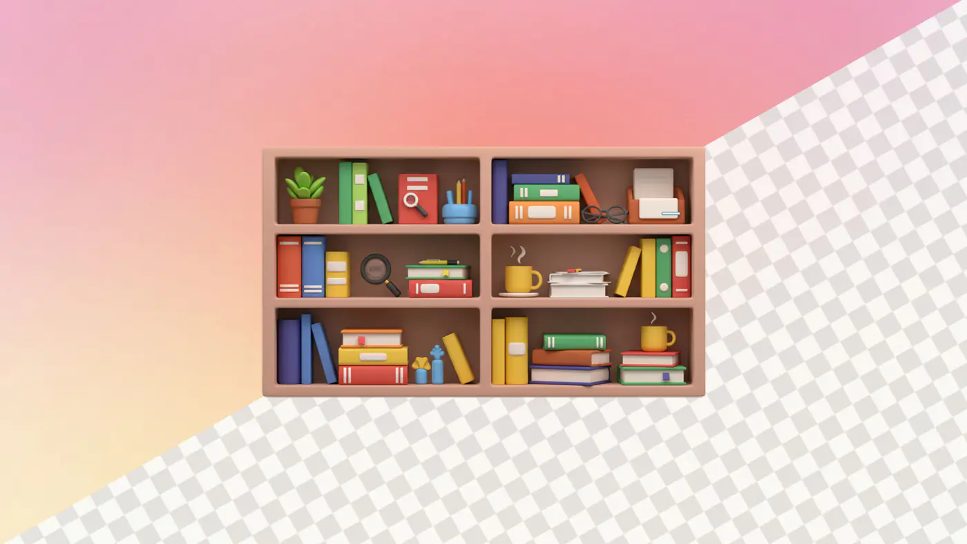 Colorful bookshelf with office supplies and decorative items
