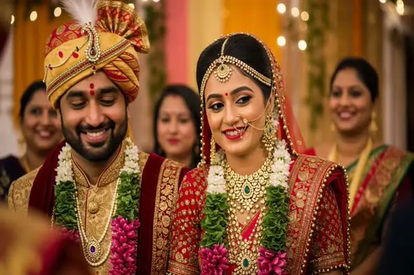 Indian wedding couple smiling in ceremony