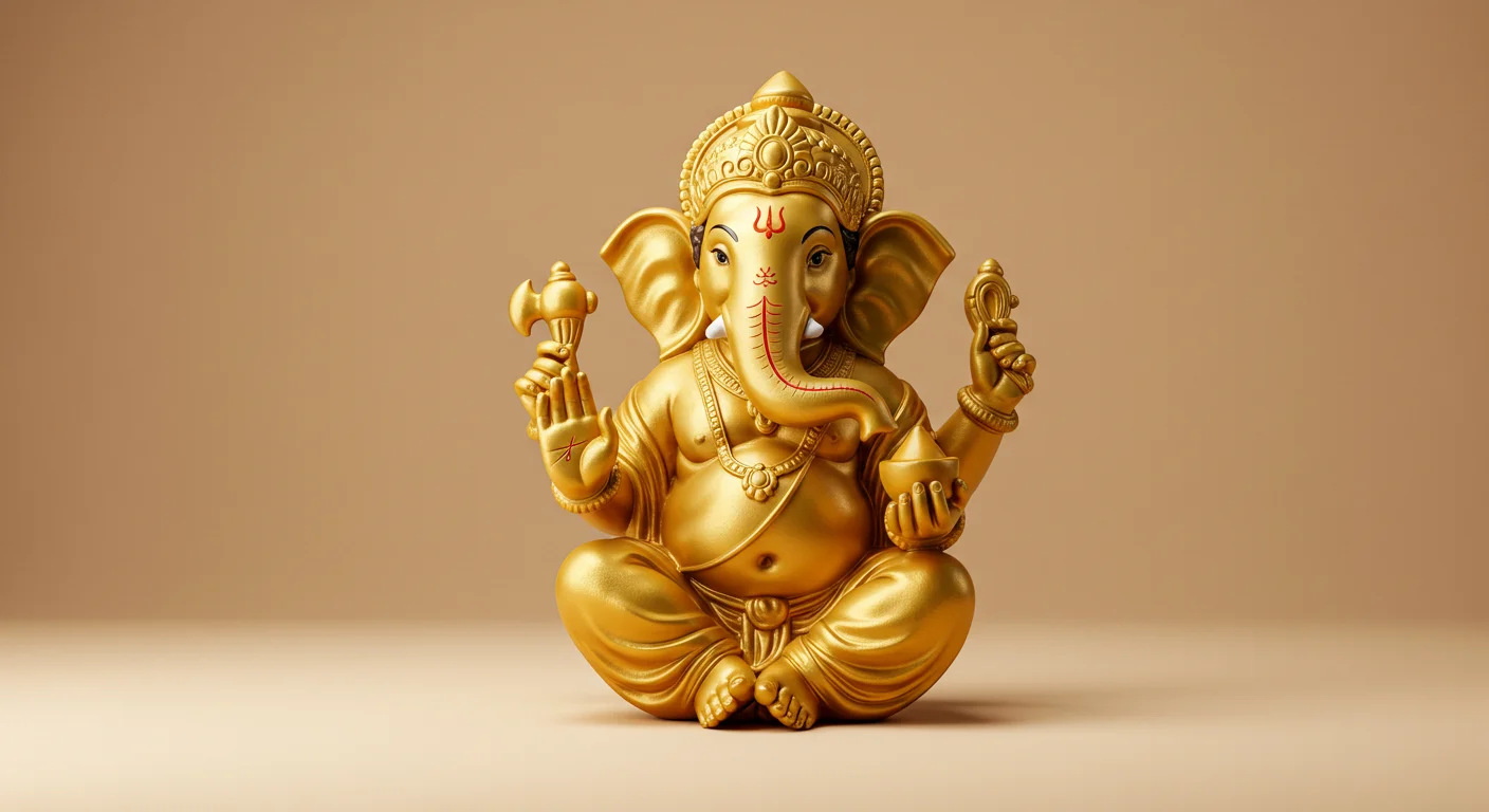 Elegant Golden Ganesha Idol on Beige Backdrop – Ideal for Devotional & Festive Posters