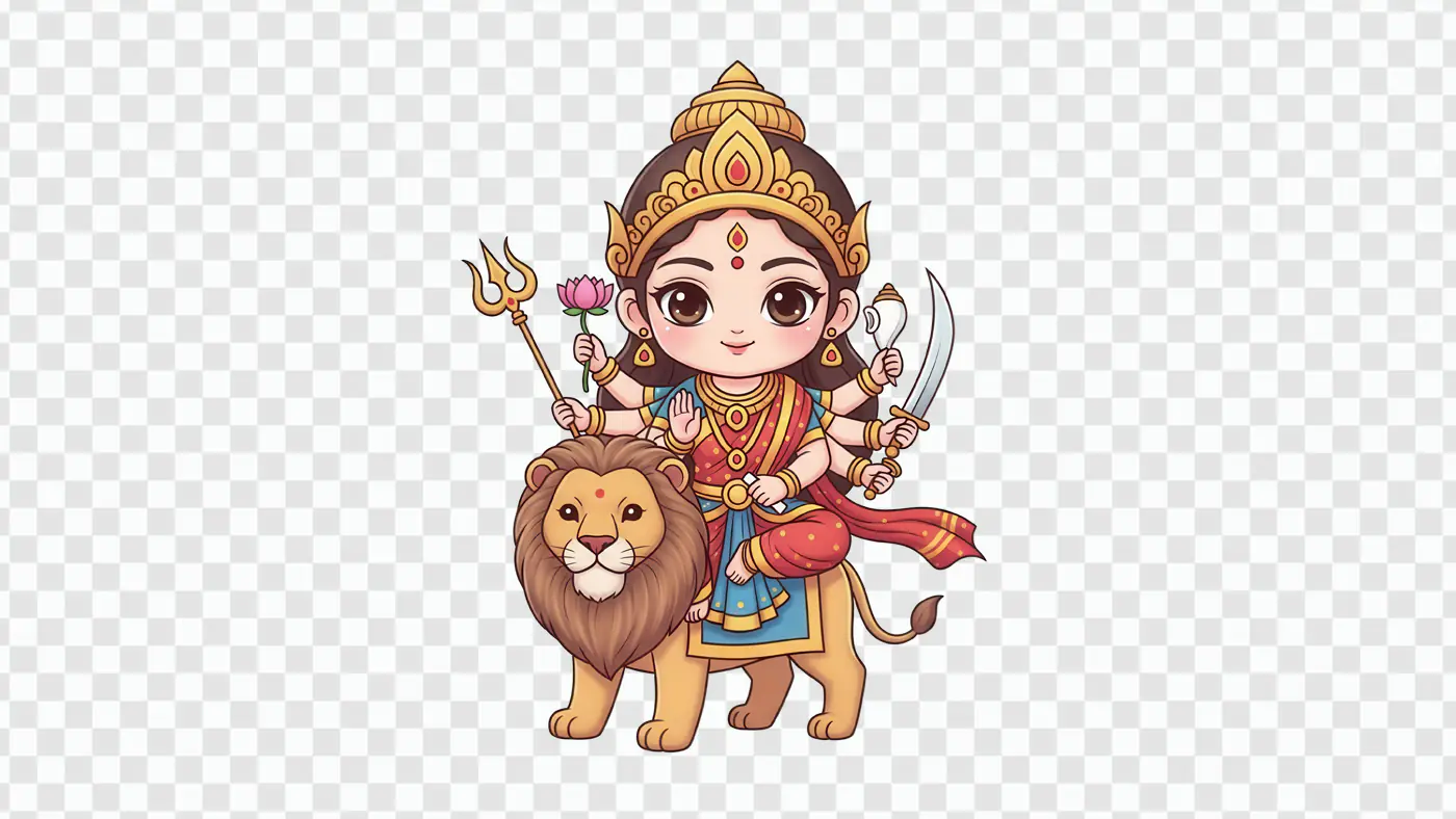 Adorable Cartoon Durga Riding Lion Hindu Deity